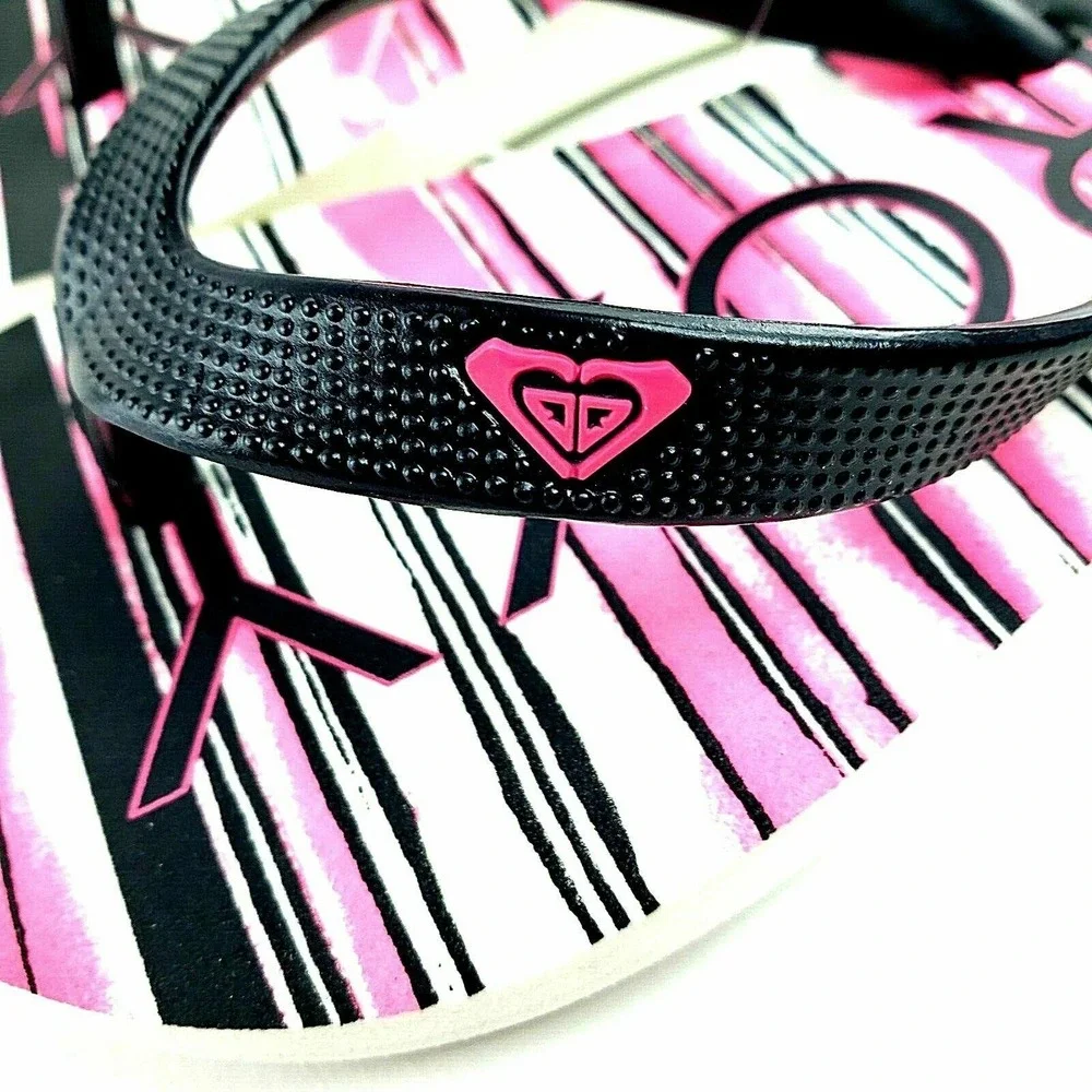 Roxy Girl Jujubee II Flip-Flops Sandals Black White Pink Stripe Size 12‎ NEW